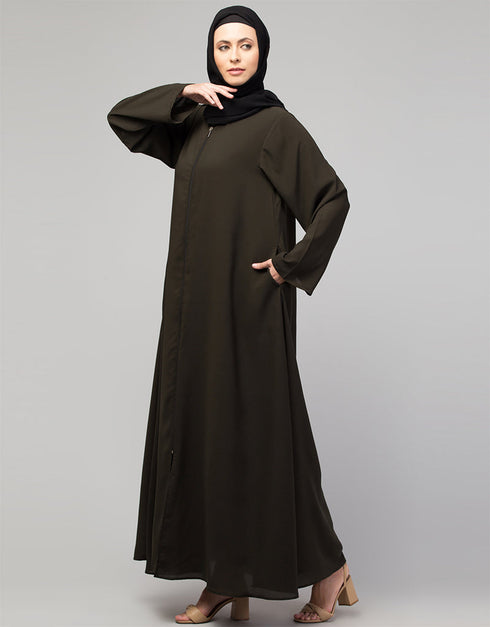 Modern Abaya with Detachable Zip for Modesty and Style In Shade of Olive